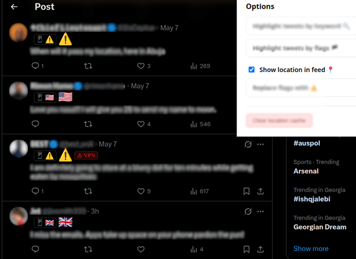 Multiple tweets in a feed annotated with country flags