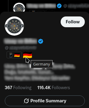 X Profile Location showing a Germany flag on an X hover card